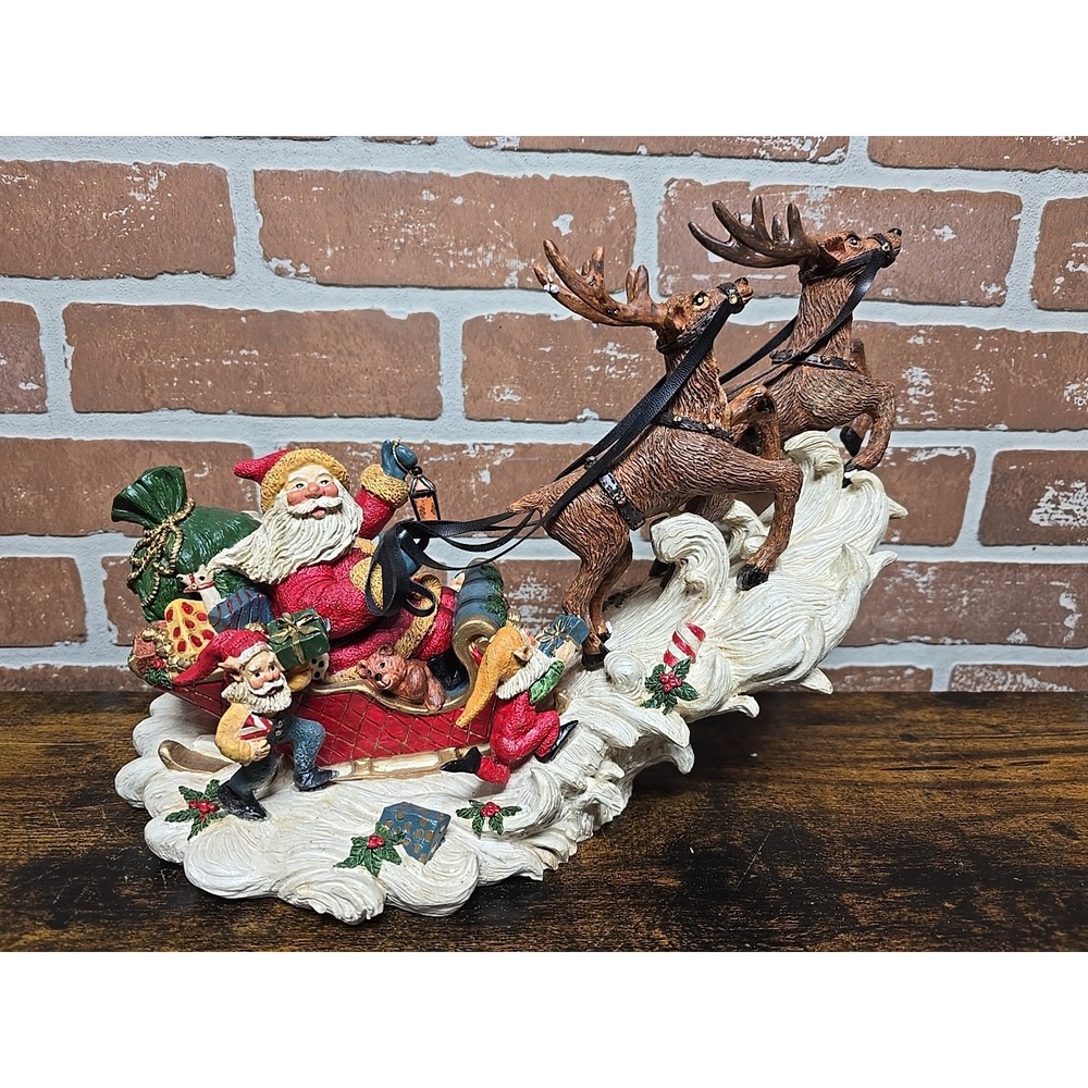 Vtg Santa‎ On His Sleigh Reindeer Holiday Style Figurine 12"L X 9"T Collectable